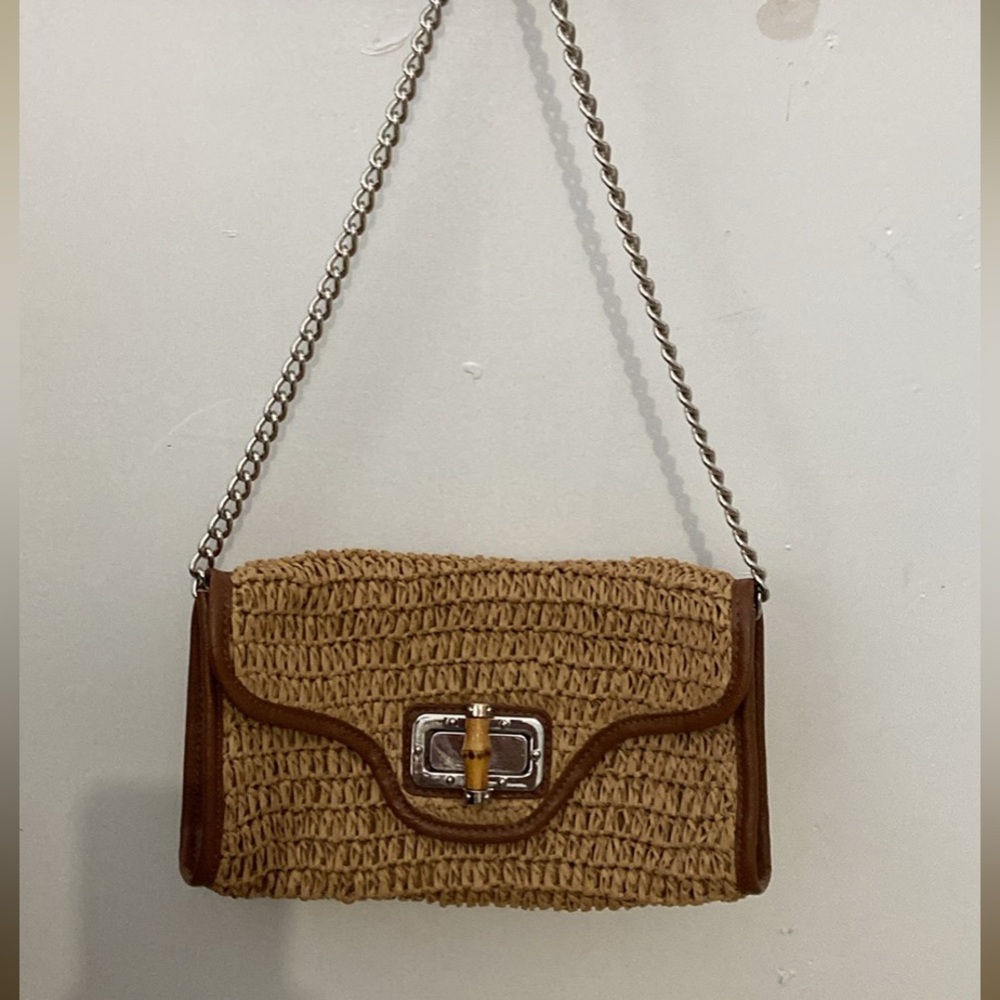 Straw Studios Tan Woven Shoulder Bag with Chain Strap